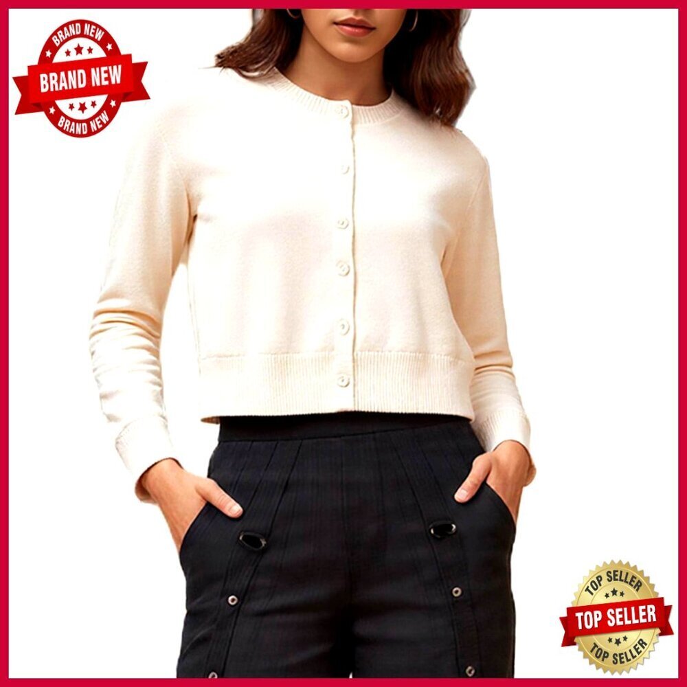 Cropped Cardigan Sweater Button Up Long Sleeve Crew Neck Knit Top